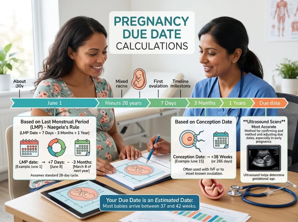 Pregnancy due date calculation infographic showing LMP, conception date, and ultrasound methods with a doctor and expecting mother